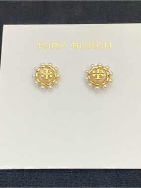 Tory Burch Gold Logo Pearl-Trim Stud Earrings
